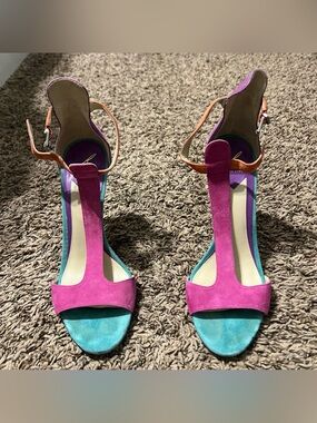 B Brian Atwood Pink, Teal & Orange Suede T-Strap Heels